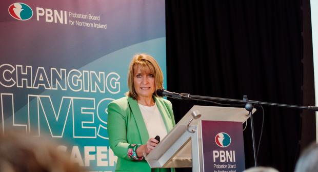 Photo of Helen McKenzie Director of Operations Safeguarding Board NI who was the Keynote speaker at the PBNI Staff Conference 28 March 2023