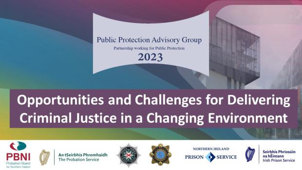 Graphic of the powerpoint first page of the Public Protection Advisory Group 14th Annual meeting on 01 December 2023 title says Opportunities and Challenges for Delivering Criminal Justice in a Changing Environment