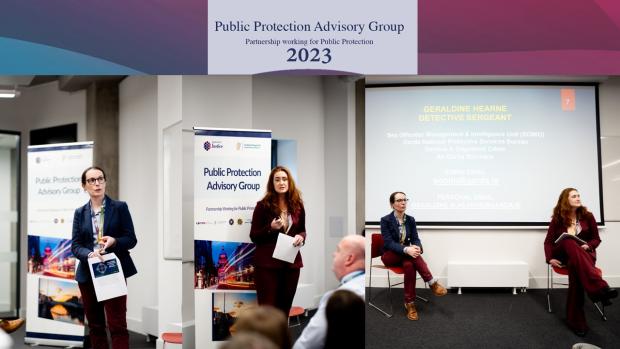 Photo of Detective Constable Sarah Murray, Police Service of Northern Ireland and An Garda Síochána Detective Sergeant Geraldine Hearne presenting at the seminar