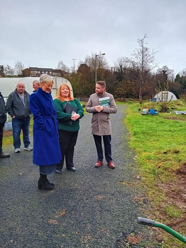 Probation Chief Executive Amanda Stewart, Justice Minister Naomi Long and Probation Area Manager Colum Duffy visiting Community Service Projects pictured at Mullaghmore & Castleview Community Resource Centre (MACCA) in Omagh during a visit to Probation and its community partners