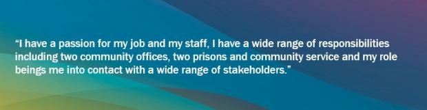 Graphic with blue, green and yellow background and a Business Support Manager quote saying "I have a passion for my job and my staff, I have a wide range of responsibilities including two community offices, two prisons and commumity service and my role beings me into contact with a wide range of stakeholders."