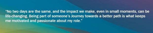 Graphic with blues, greens and yellows background and a Probation Officer quote saying "No two days are the same, and the impact we make, even in small moments, can be life-changing. Being part of someone’s Journey towards a better path is what keeps me motivated and passionate about my role."