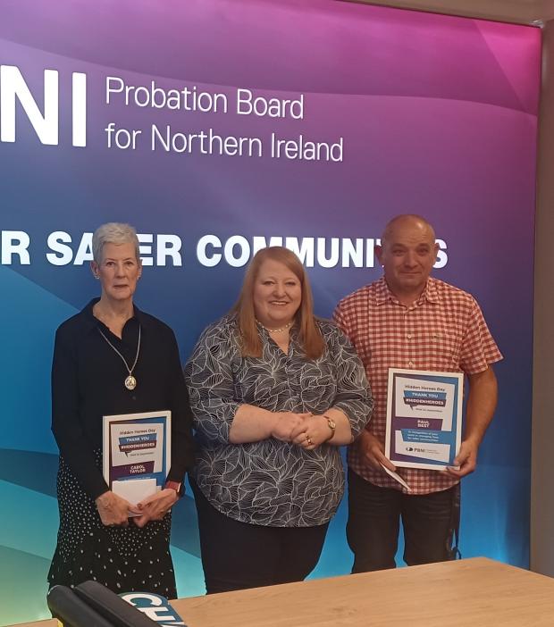 Hidden Heroes Day 2025 - Justice Minister Naomi Long with award winners Carol and Paul